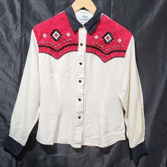 Roper Womens Western Shirt Red Suede Yoke Pearl Snaps Ivory Long Sleeve Medium - Picture 2 of 12